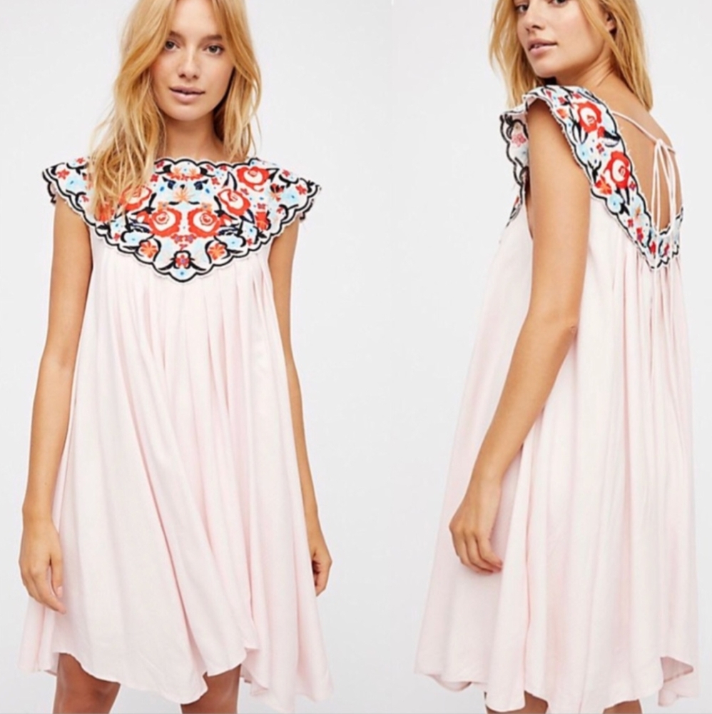 Free People Anthropologie In the Flowers embroidered pink empire mini dress S